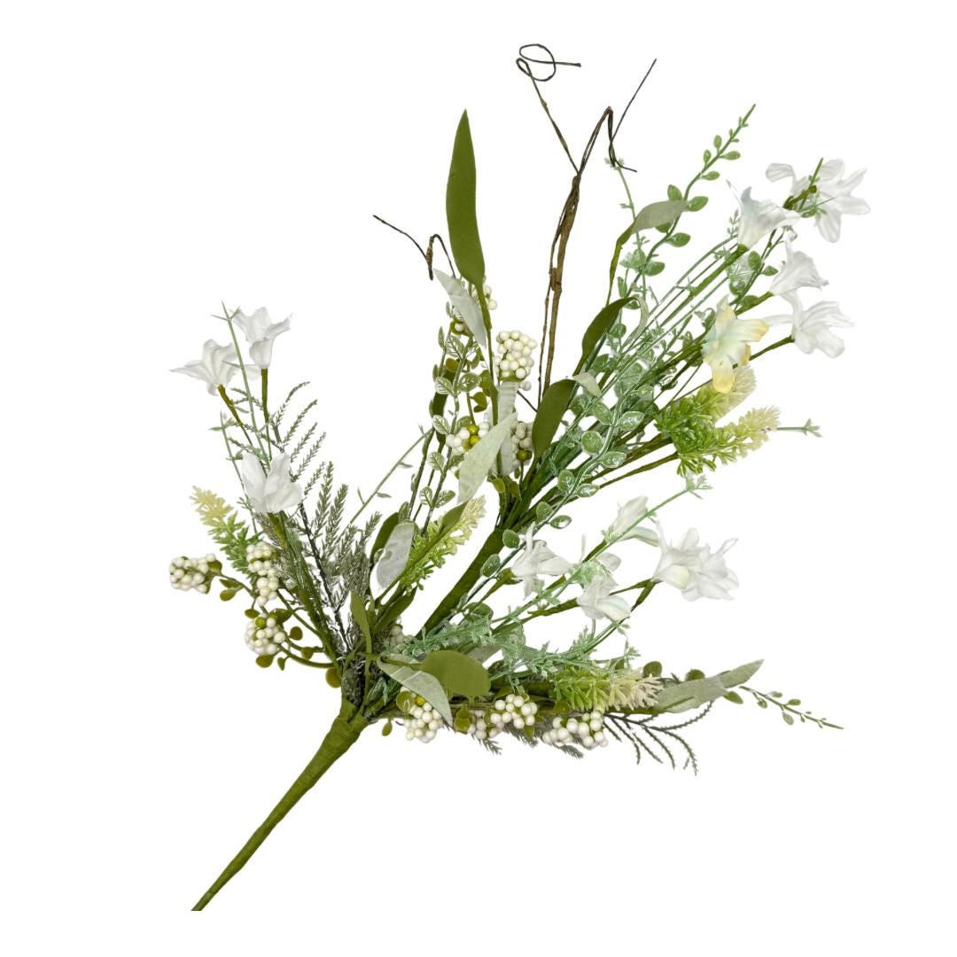 24"L Fabric Flower/EVA Leaf/Beads Spray: White, White Greenery Stem, Greenery Filler Bush with Leaves Buds  White Berries, 60919, FH807127