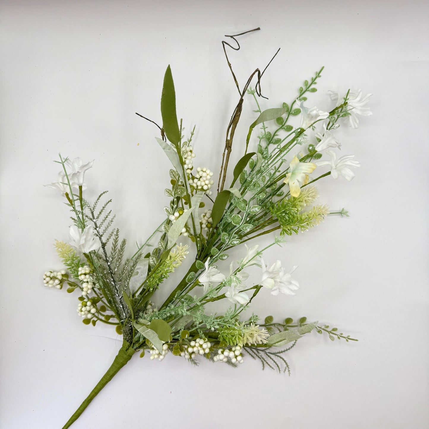 24"L Fabric Flower/EVA Leaf/Beads Spray: White, White Greenery Stem, Greenery Filler Bush with Leaves Buds  White Berries, 60919, FH807127