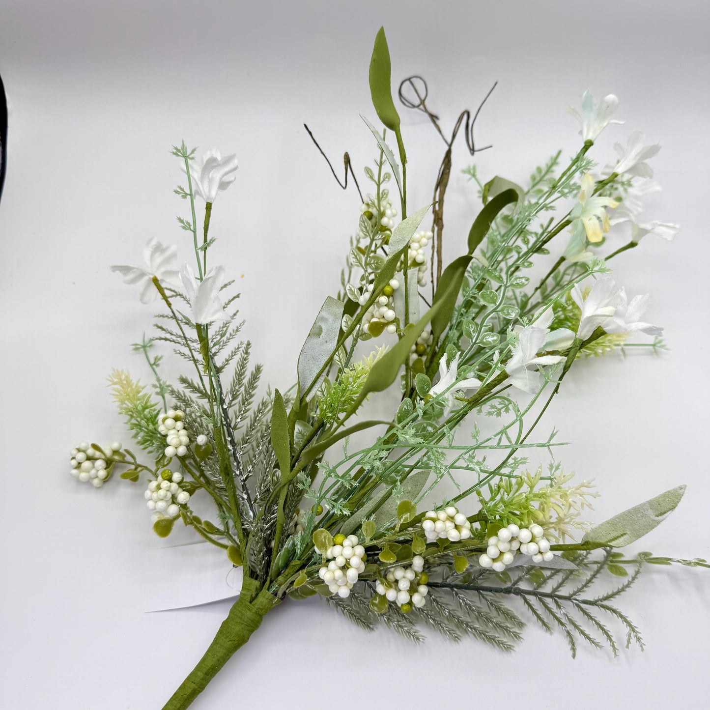 24"L Fabric Flower/EVA Leaf/Beads Spray: White, White Greenery Stem, Greenery Filler Bush with Leaves Buds  White Berries, 60919, FH807127