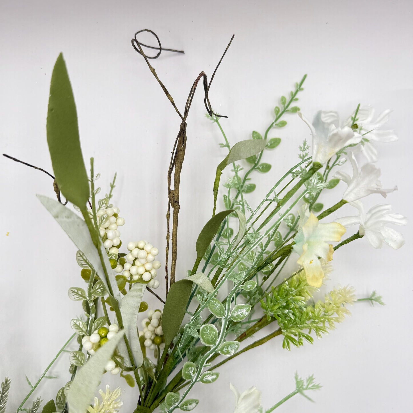 24"L Fabric Flower/EVA Leaf/Beads Spray: White, White Greenery Stem, Greenery Filler Bush with Leaves Buds  White Berries, 60919, FH807127