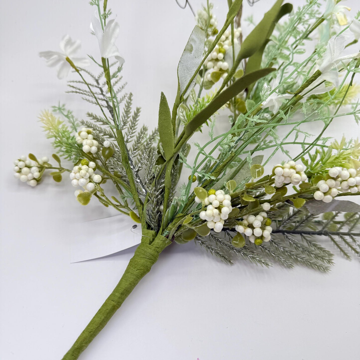 24"L Fabric Flower/EVA Leaf/Beads Spray: White, White Greenery Stem, Greenery Filler Bush with Leaves Buds  White Berries, 60919, FH807127
