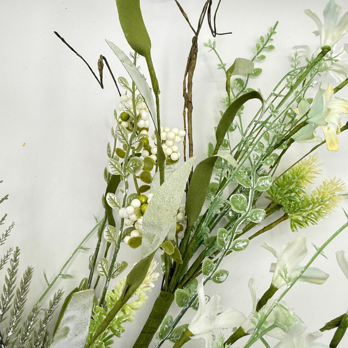 24"L Fabric Flower/EVA Leaf/Beads Spray: White, White Greenery Stem, Greenery Filler Bush with Leaves Buds  White Berries, 60919, FH807127