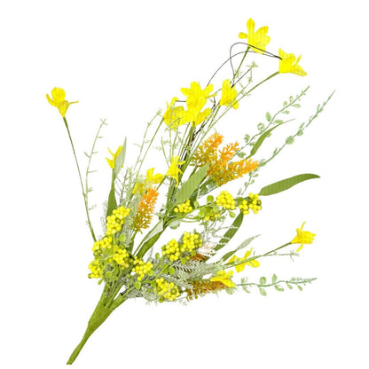 24"L Fabric Flower/EVA Leaf/Beads Spray: Yellow, Spring Greenery Stem, Easter Filler Bush with Leaves Buds Yellow Berries, 60919, FH807129