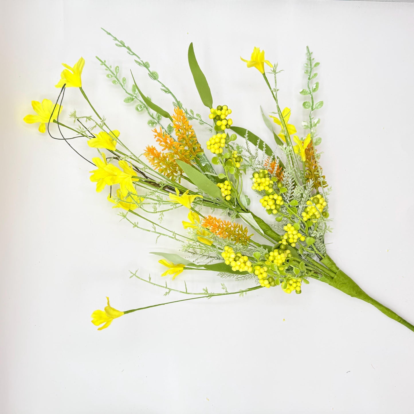 24"L Fabric Flower/EVA Leaf/Beads Spray: Yellow, Spring Greenery Stem, Easter Filler Bush with Leaves Buds Yellow Berries, 60919, FH807129