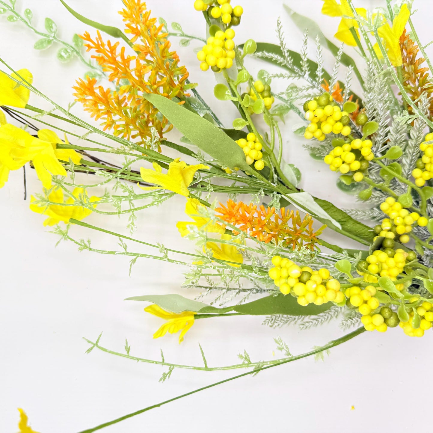 24"L Fabric Flower/EVA Leaf/Beads Spray: Yellow, Spring Greenery Stem, Easter Filler Bush with Leaves Buds Yellow Berries, 60919, FH807129