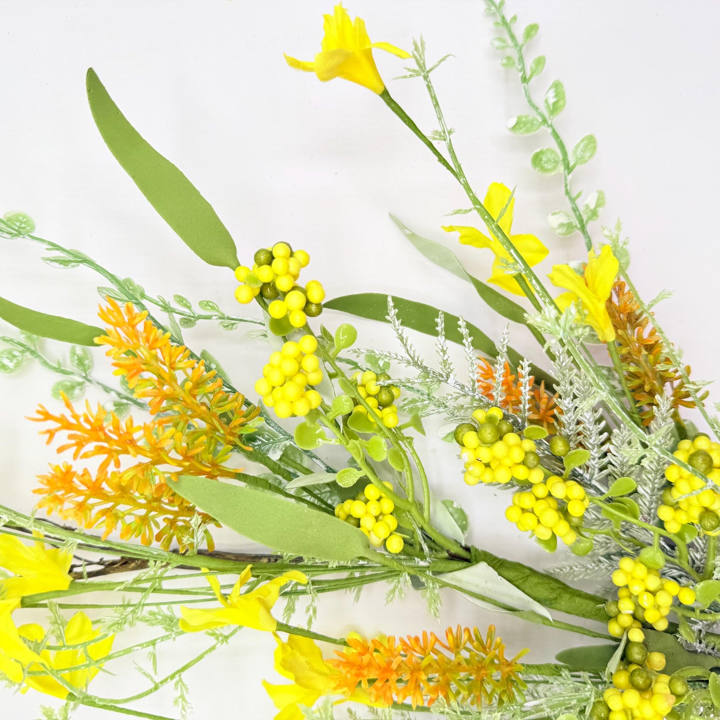 24"L Fabric Flower/EVA Leaf/Beads Spray: Yellow, Spring Greenery Stem, Easter Filler Bush with Leaves Buds Yellow Berries, 60919, FH807129