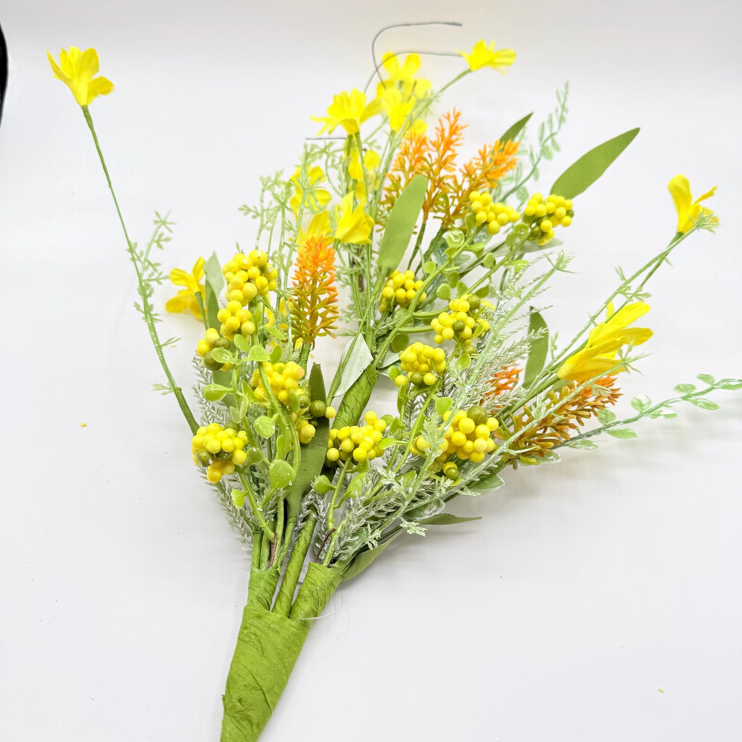 24"L Fabric Flower/EVA Leaf/Beads Spray: Yellow, Spring Greenery Stem, Easter Filler Bush with Leaves Buds Yellow Berries, 60919, FH807129