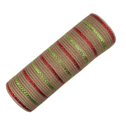 Beige Poly Jute Mesh Narrow Red Dark and Light Green Metallic Stripe 10.5” by 10 Yards, Wreathmaking Supplies, Christmas Accent, RY800726