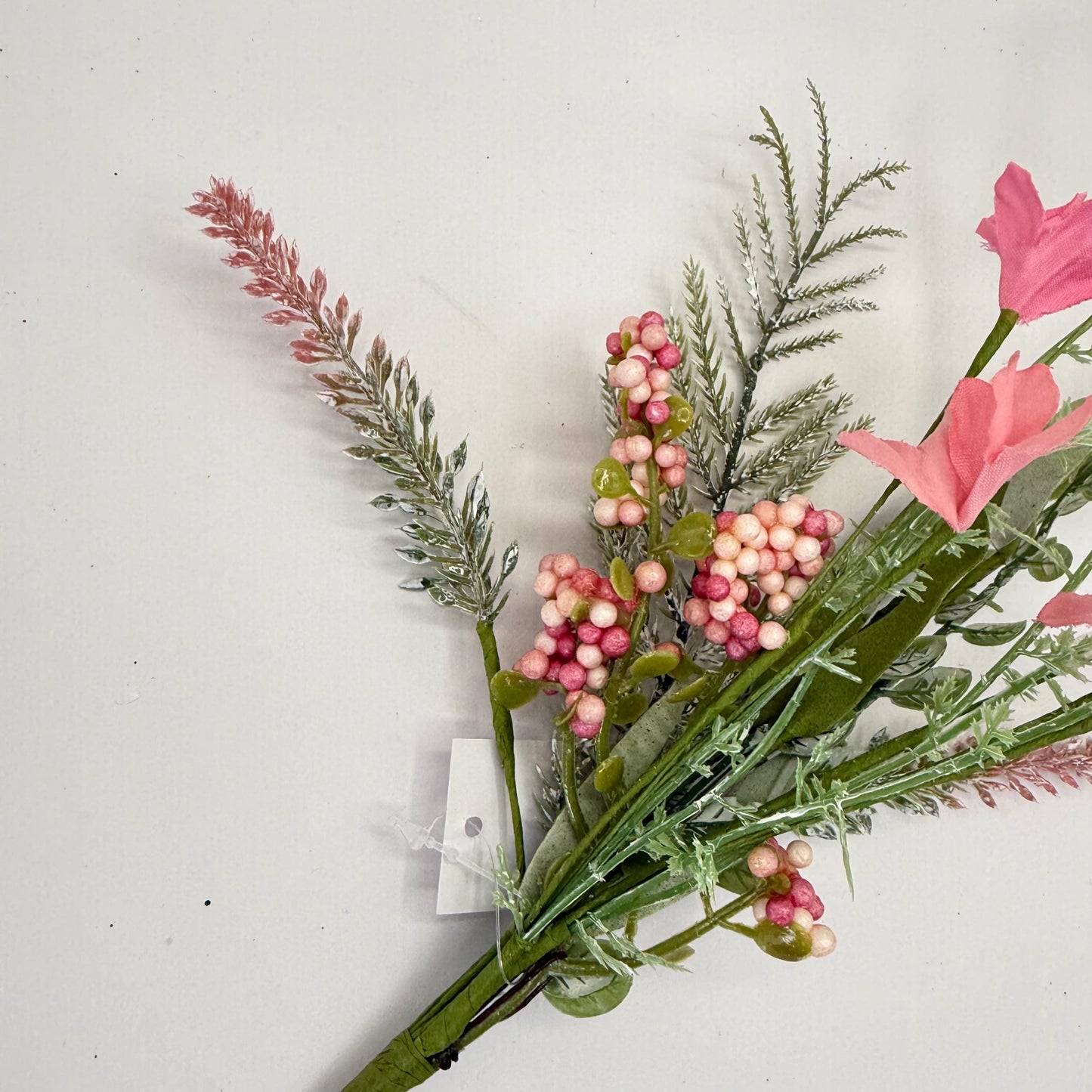 12"L Fabric Flower/EVA Leaf/Beads Pick: Pink, Pink Greenery Stem, Greenery Filler Bush with Leaves Buds Pink Berries, Mini 60919, FH812559