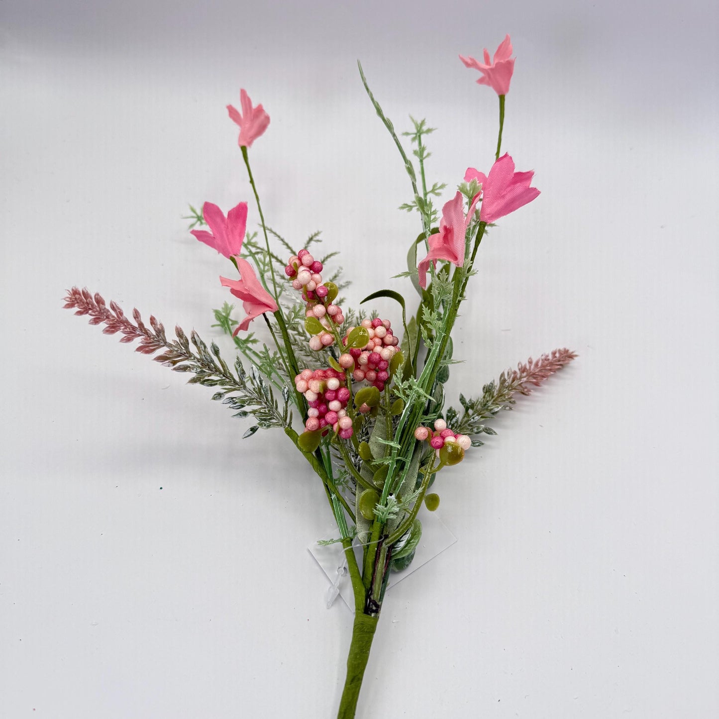 12"L Fabric Flower/EVA Leaf/Beads Pick: Pink, Pink Greenery Stem, Greenery Filler Bush with Leaves Buds Pink Berries, Mini 60919, FH812559
