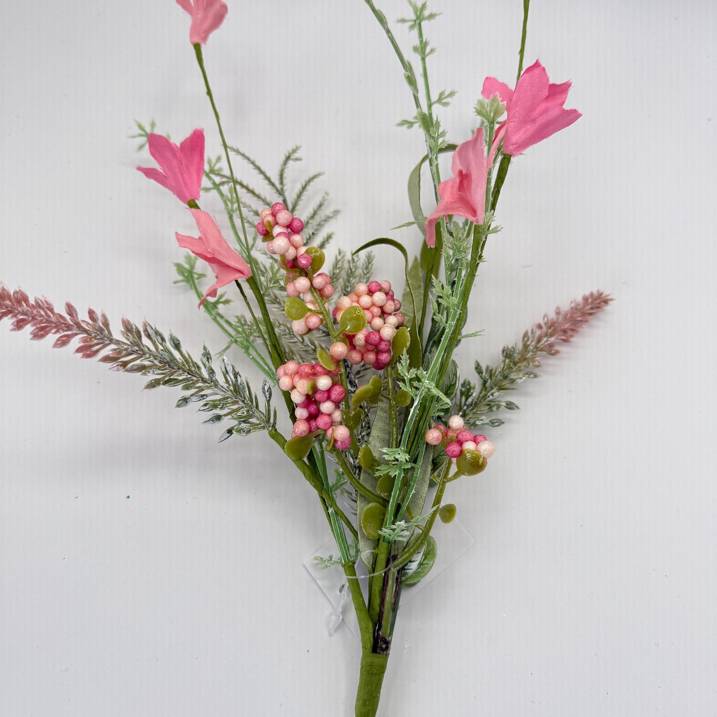 12"L Fabric Flower/EVA Leaf/Beads Pick: Pink, Pink Greenery Stem, Greenery Filler Bush with Leaves Buds Pink Berries, Mini 60919, FH812559