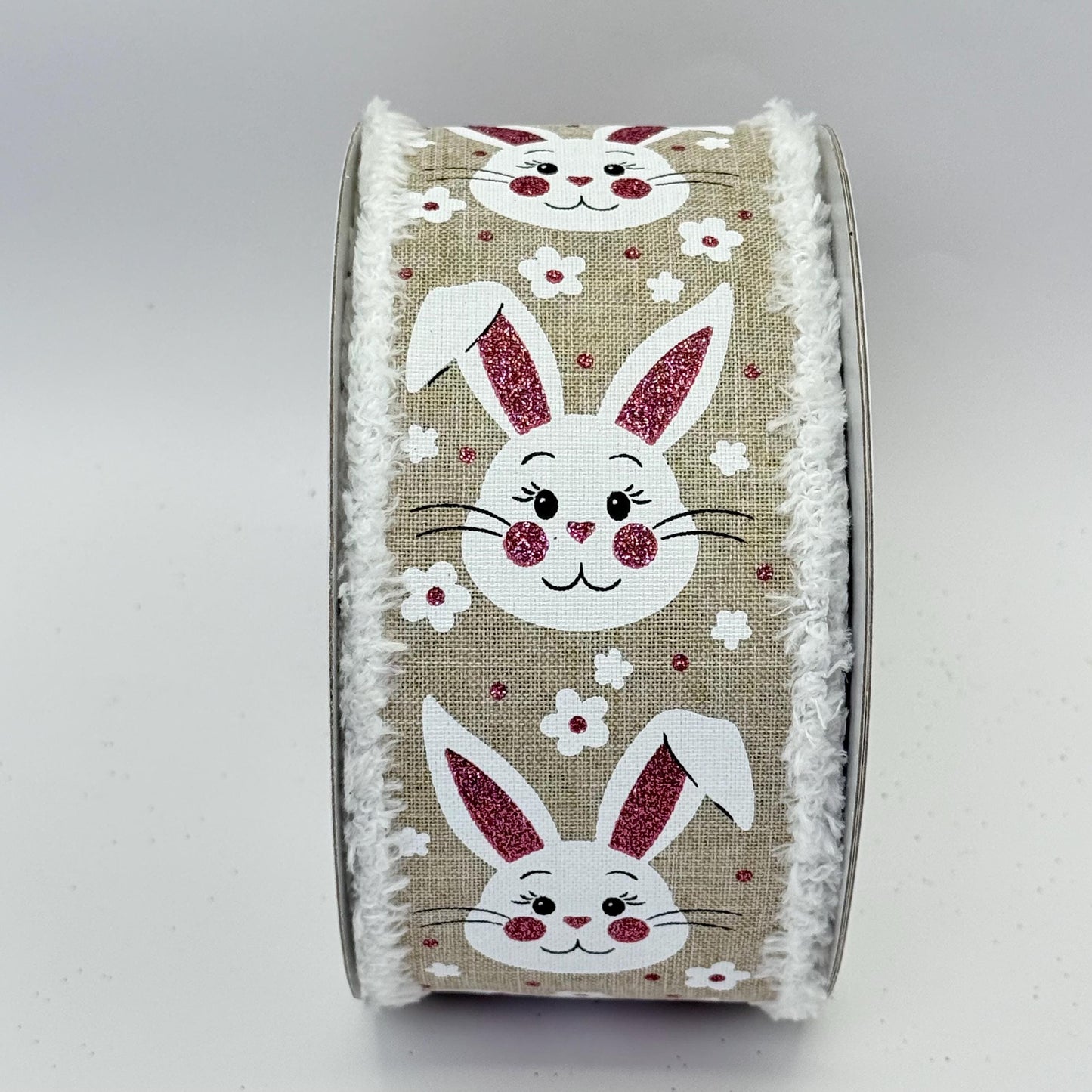 Easter Bunny Wired Ribbon: 2.5" x 10yd, Easter Wreath Supply, Natural Beige Easter Ribbon, White Bunny Face with Pink Ears Bowmaking Ribbon