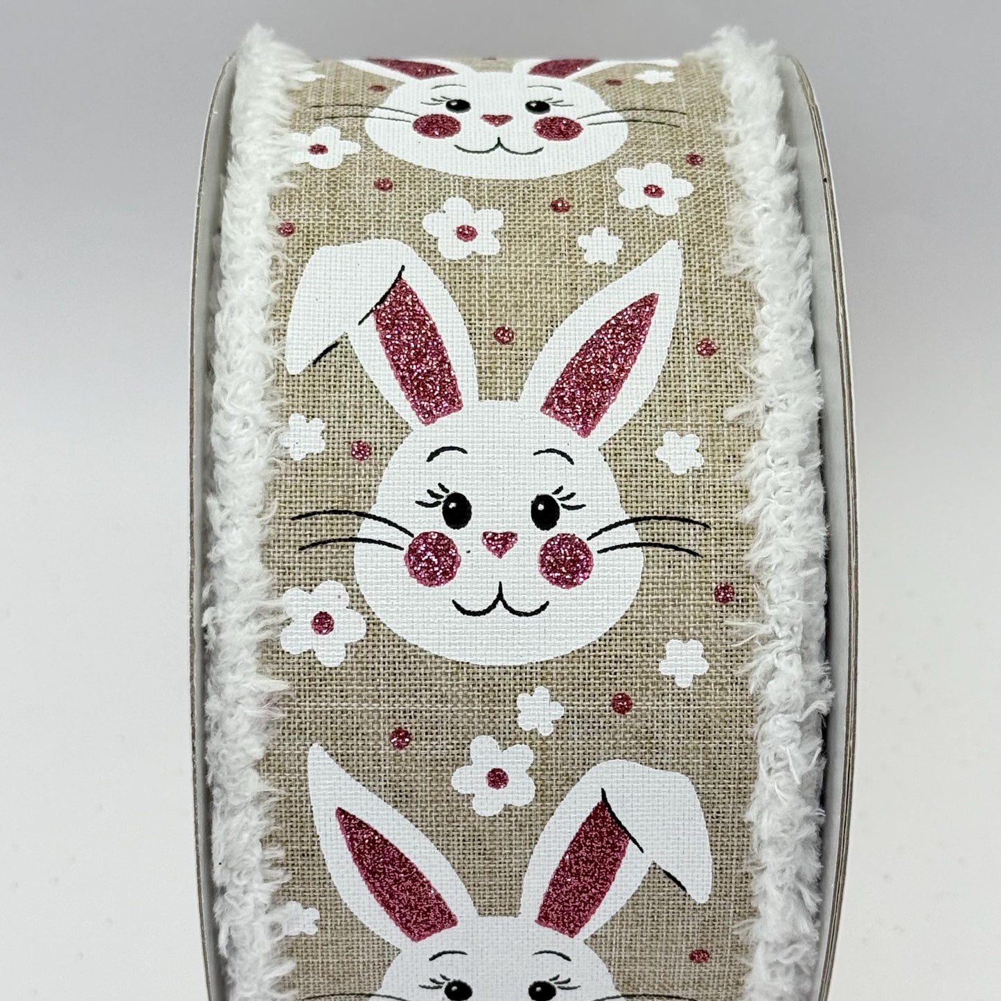 Easter Bunny Wired Ribbon: 2.5" x 10yd, Easter Wreath Supply, Natural Beige Easter Ribbon, White Bunny Face with Pink Ears Bowmaking Ribbon