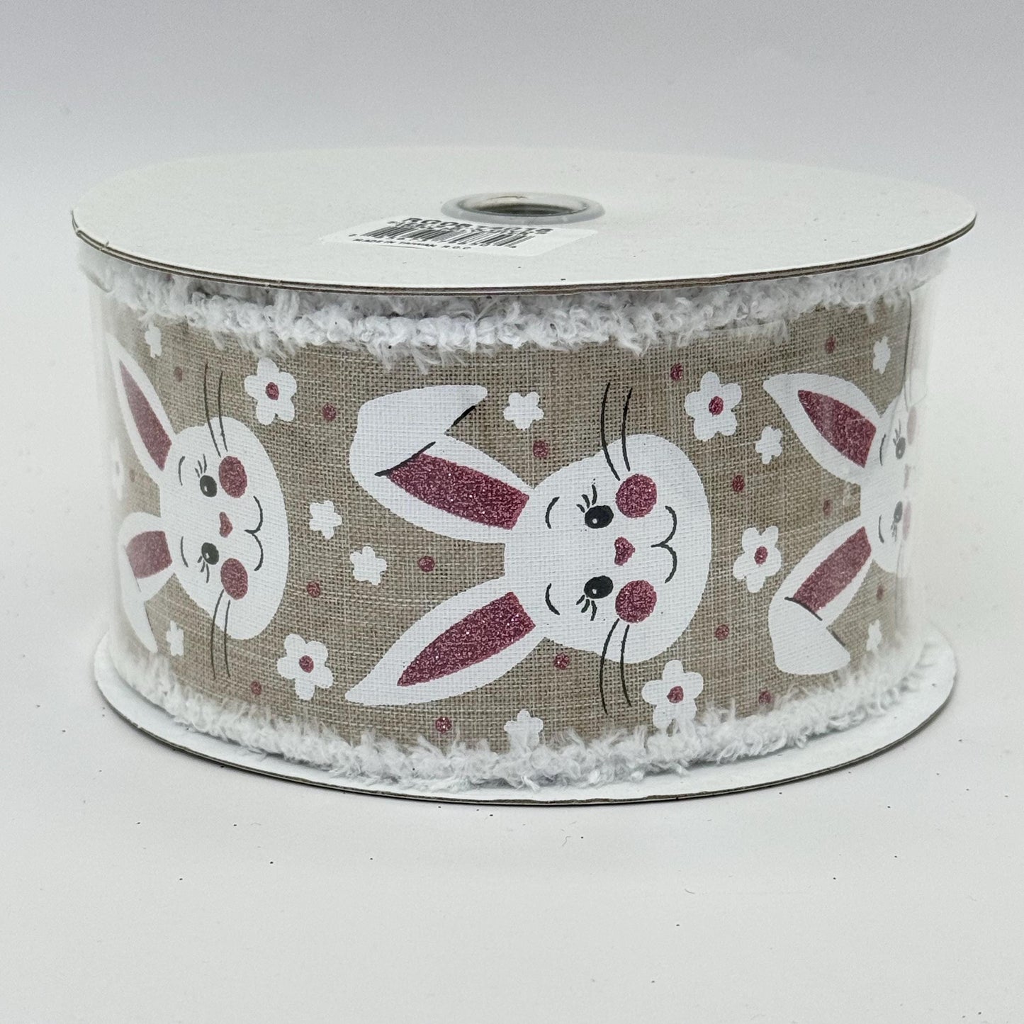 Easter Bunny Wired Ribbon: 2.5" x 10yd, Easter Wreath Supply, Natural Beige Easter Ribbon, White Bunny Face with Pink Ears Bowmaking Ribbon