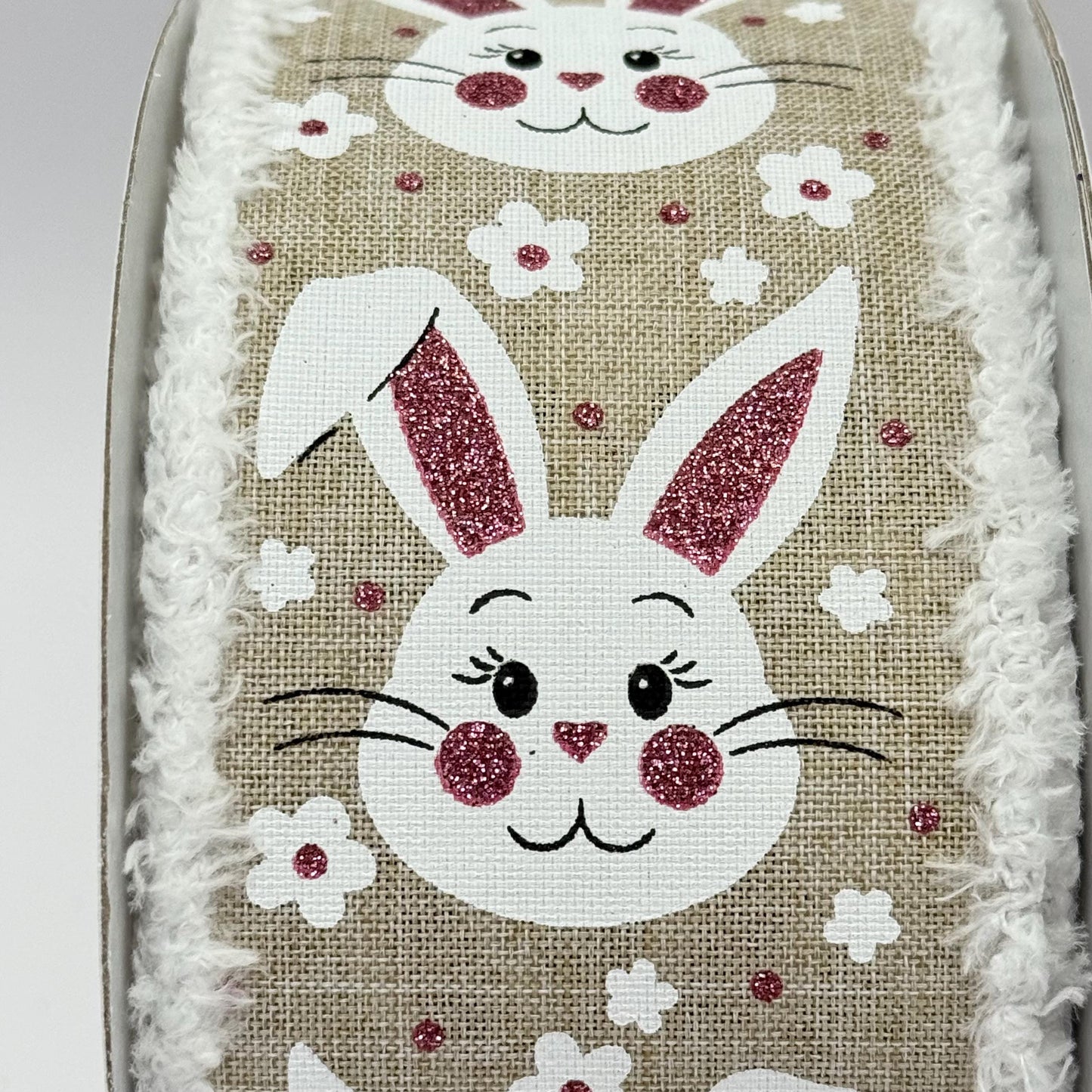 Easter Bunny Wired Ribbon: 2.5" x 10yd, Easter Wreath Supply, Natural Beige Easter Ribbon, White Bunny Face with Pink Ears Bowmaking Ribbon