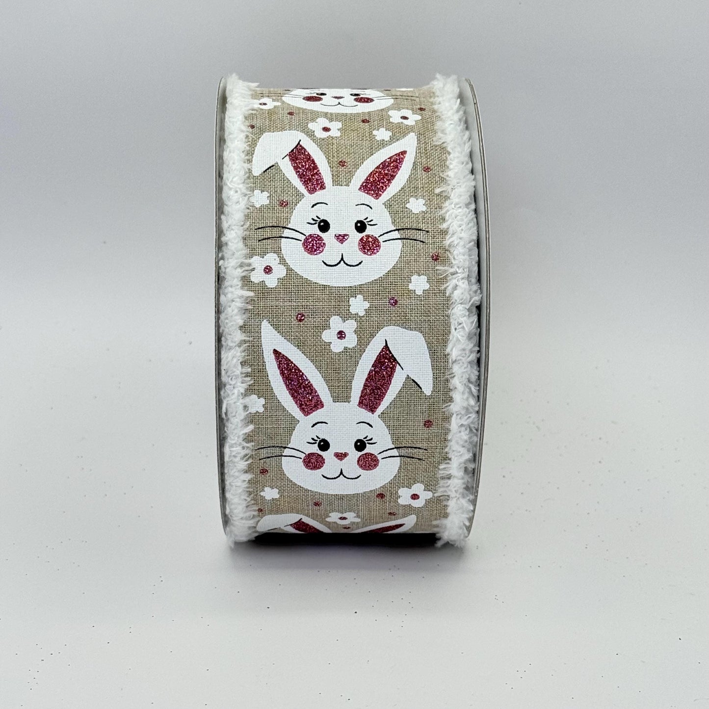 Easter Bunny Wired Ribbon: 2.5" x 10yd, Easter Wreath Supply, Natural Beige Easter Ribbon, White Bunny Face with Pink Ears Bowmaking Ribbon