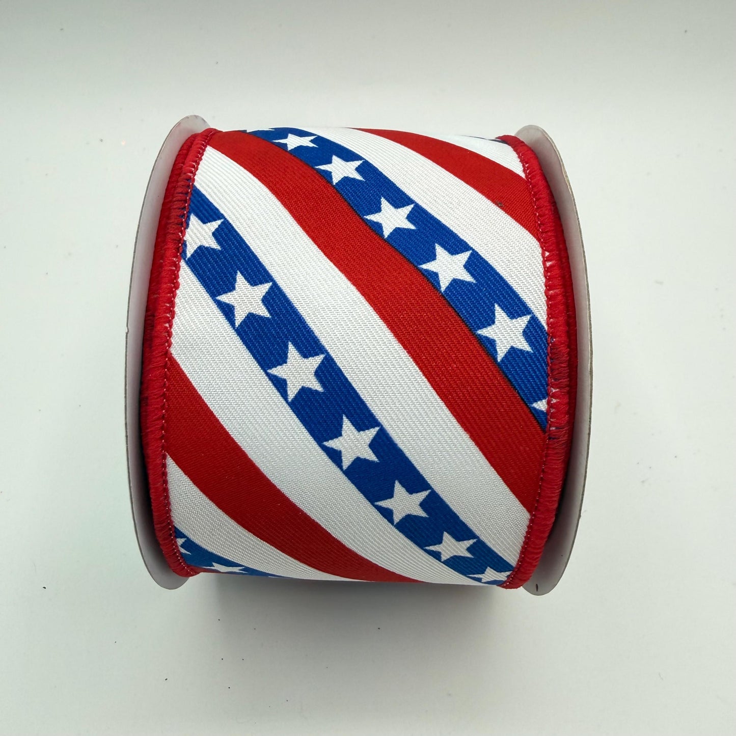 Red White and Blue Diagonal Stripe Wired Ribbon, Stars & Stripes Fourth of July Wreath Supply, Patriotic Ribbon 2.5” by 10 yards, RGE105727