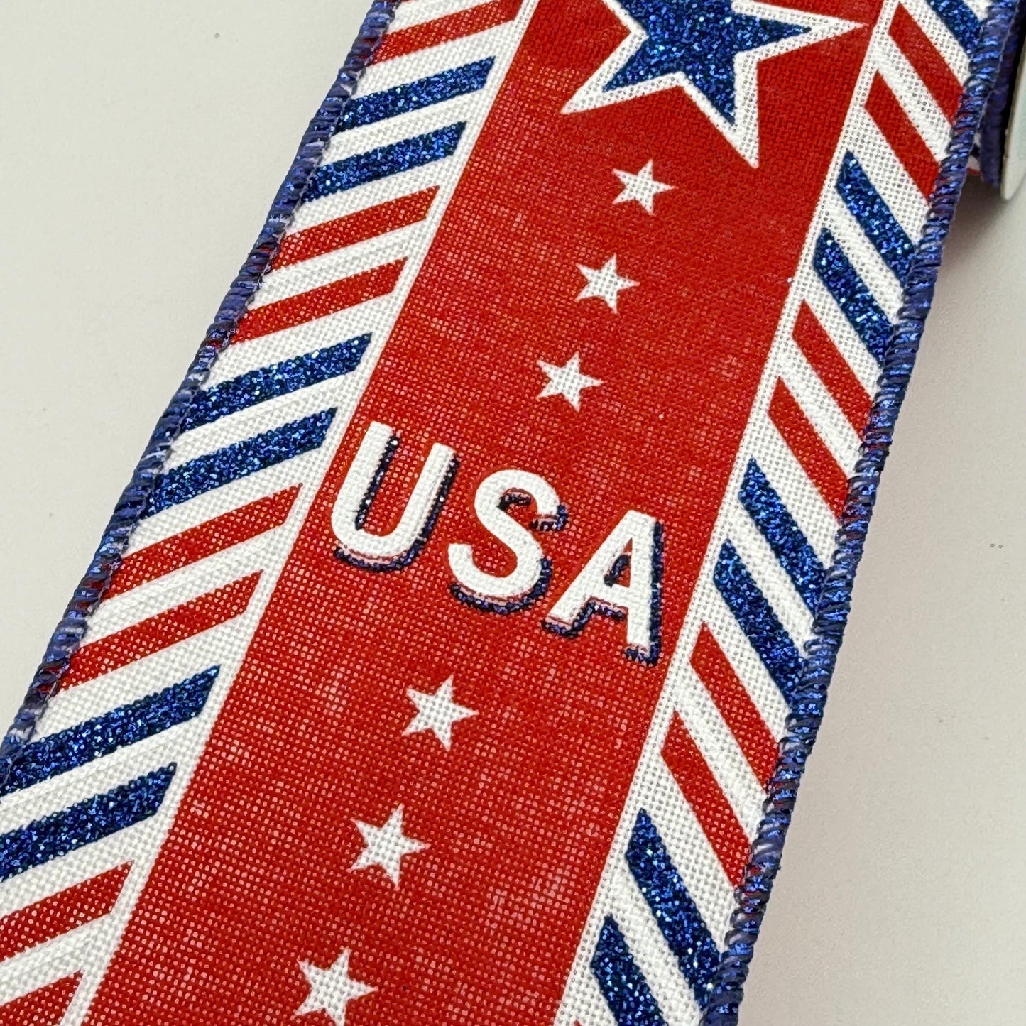 Red White and Blue USA on Diagonal Stripes Wired Ribbon, Fourth of July Wreath Supply, Patriotic Royal Ribbon 2.5” by 10 yards, RGE163127