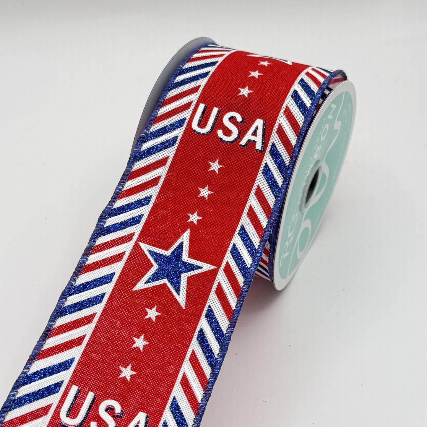 Red White and Blue USA on Diagonal Stripes Wired Ribbon, Fourth of July Wreath Supply, Patriotic Royal Ribbon 2.5” by 10 yards, RGE163127