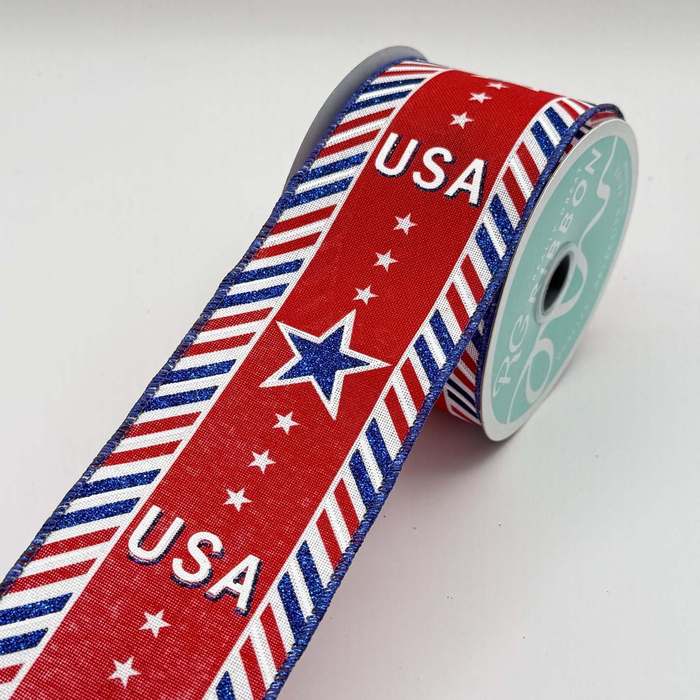 Red White and Blue USA on Diagonal Stripes Wired Ribbon, Fourth of July Wreath Supply, Patriotic Royal Ribbon 2.5” by 10 yards, RGE163127