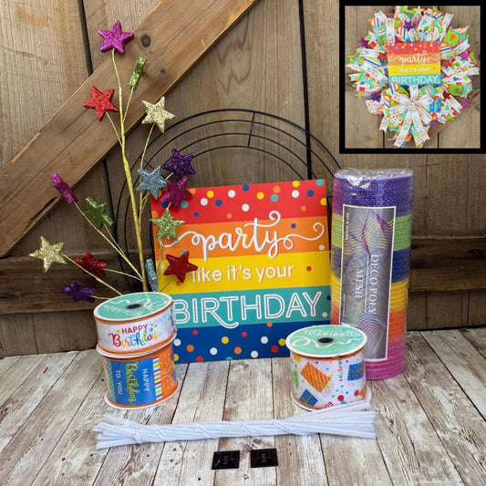 Birthday Wreath Kit, Thin Celebration Wreath Kit, DIY Party Like It’s Your Birthday Sign Mesh and Ribbon Bundle, Birthday Party Decoration