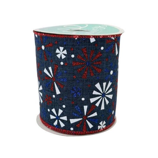 Wide Patriotic Wired Ribbon, Fourth of July Wreath Supply, Independence Day Decor, Navy Blue Vintage Pinwheel Ribbon 4” by 10 yds, RGE115719