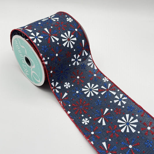 Wide Patriotic Wired Ribbon, Fourth of July Wreath Supply, Independence Day Decor, Navy Blue Vintage Pinwheel Ribbon 4” by 10 yds, RGE115719