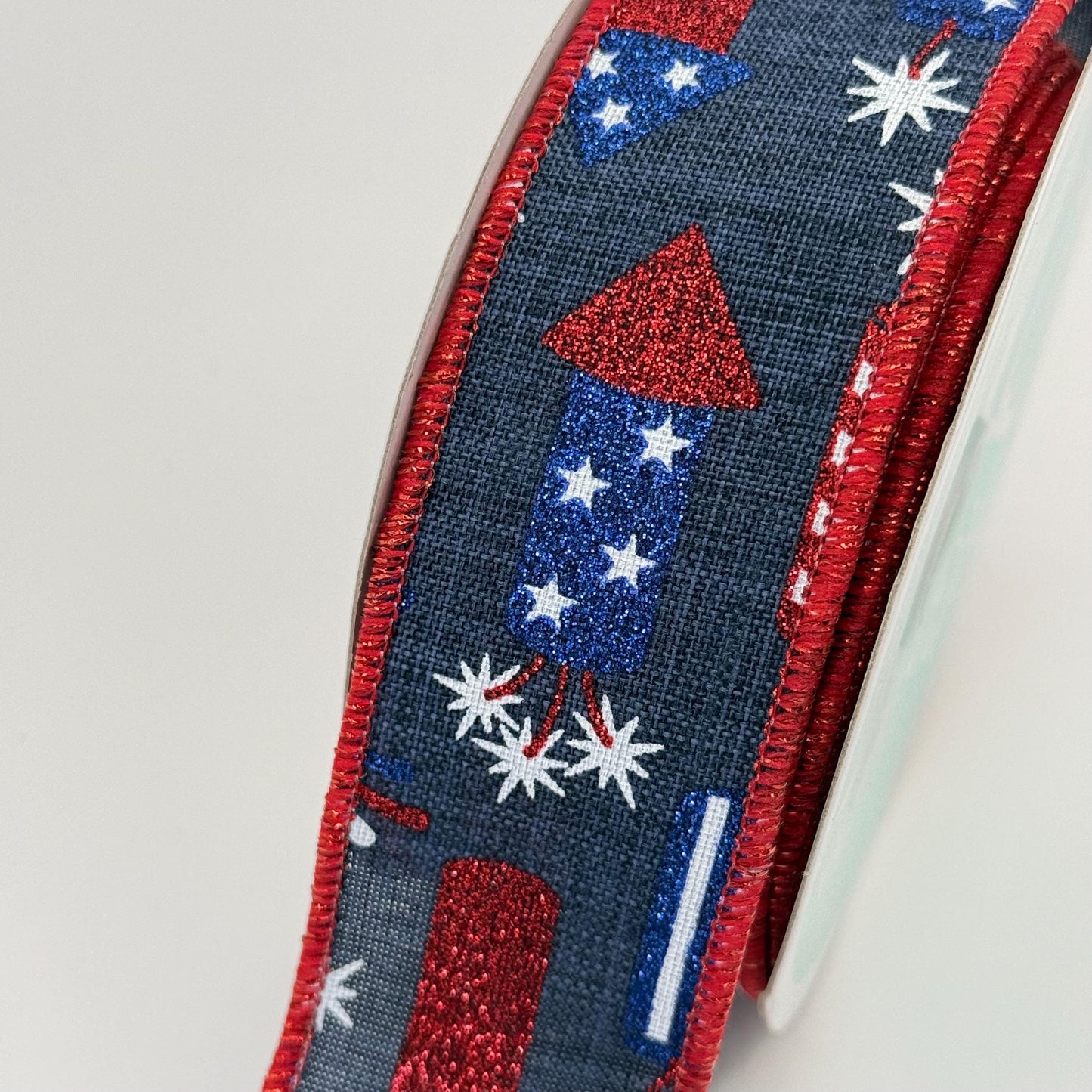 Navy Blue Rockets Wired Ribbon, Fourth of July Wreath Supply, Independence Day Bowmaking, Patriotic Ribbon 1.5” by 10 yards, RGE119919