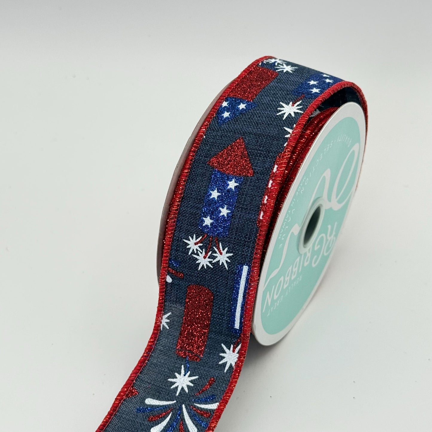 Navy Blue Rockets Wired Ribbon, Fourth of July Wreath Supply, Independence Day Bowmaking, Patriotic Ribbon 1.5” by 10 yards, RGE119919