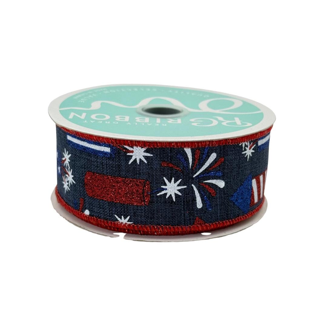 Navy Blue Rockets Wired Ribbon, Fourth of July Wreath Supply, Independence Day Bowmaking, Patriotic Ribbon 1.5” by 10 yards, RGE119919