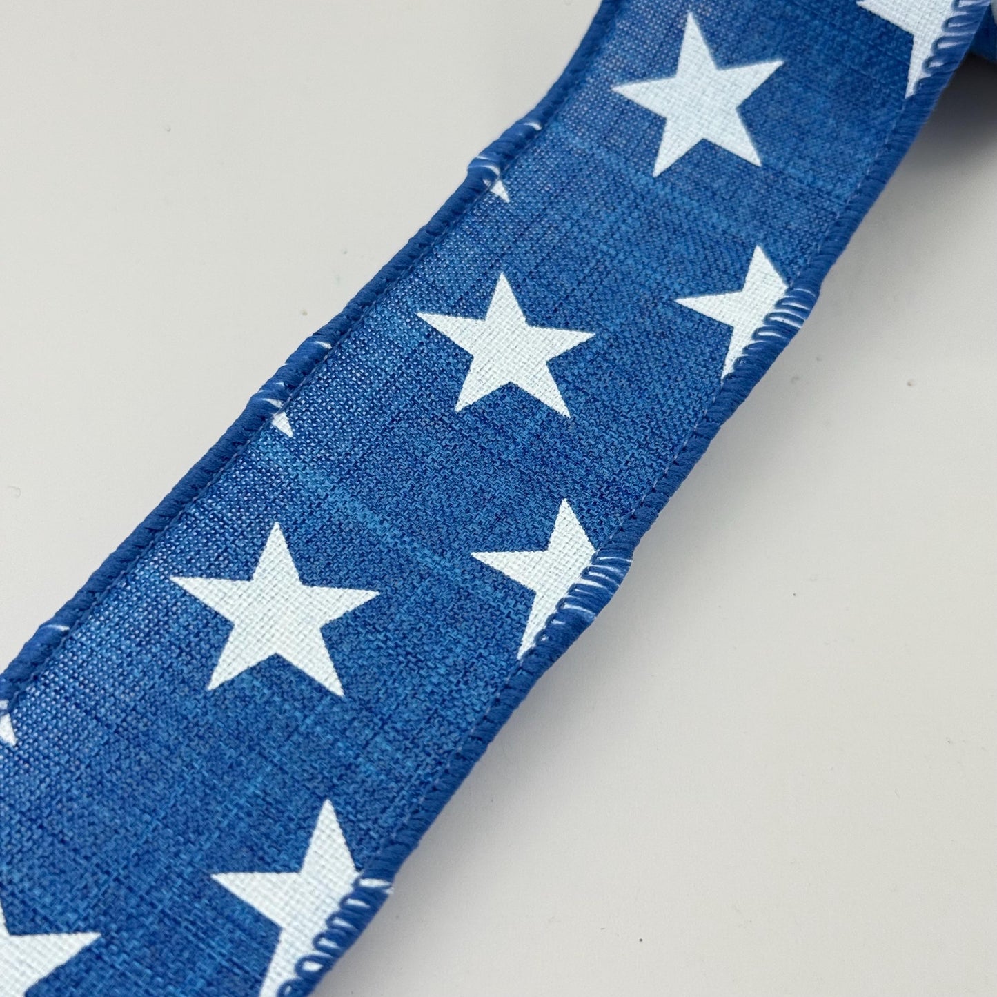 Blue with White Stars Wired Ribbon, Fourth of July Wreath Supply, Independence Day Bowmaking, Patriotic Ribbon 1.5” by 10 yards, RGE111525