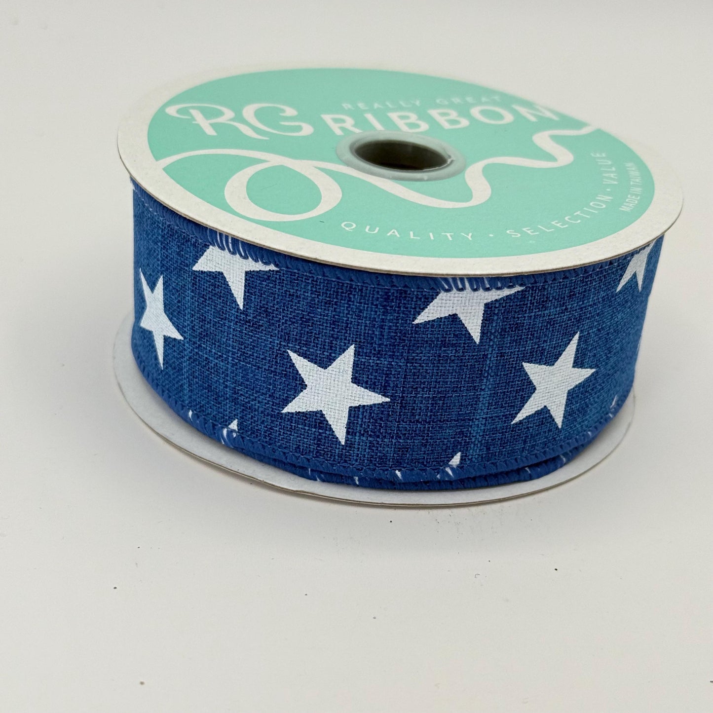 Blue with White Stars Wired Ribbon, Fourth of July Wreath Supply, Independence Day Bowmaking, Patriotic Ribbon 1.5” by 10 yards, RGE111525