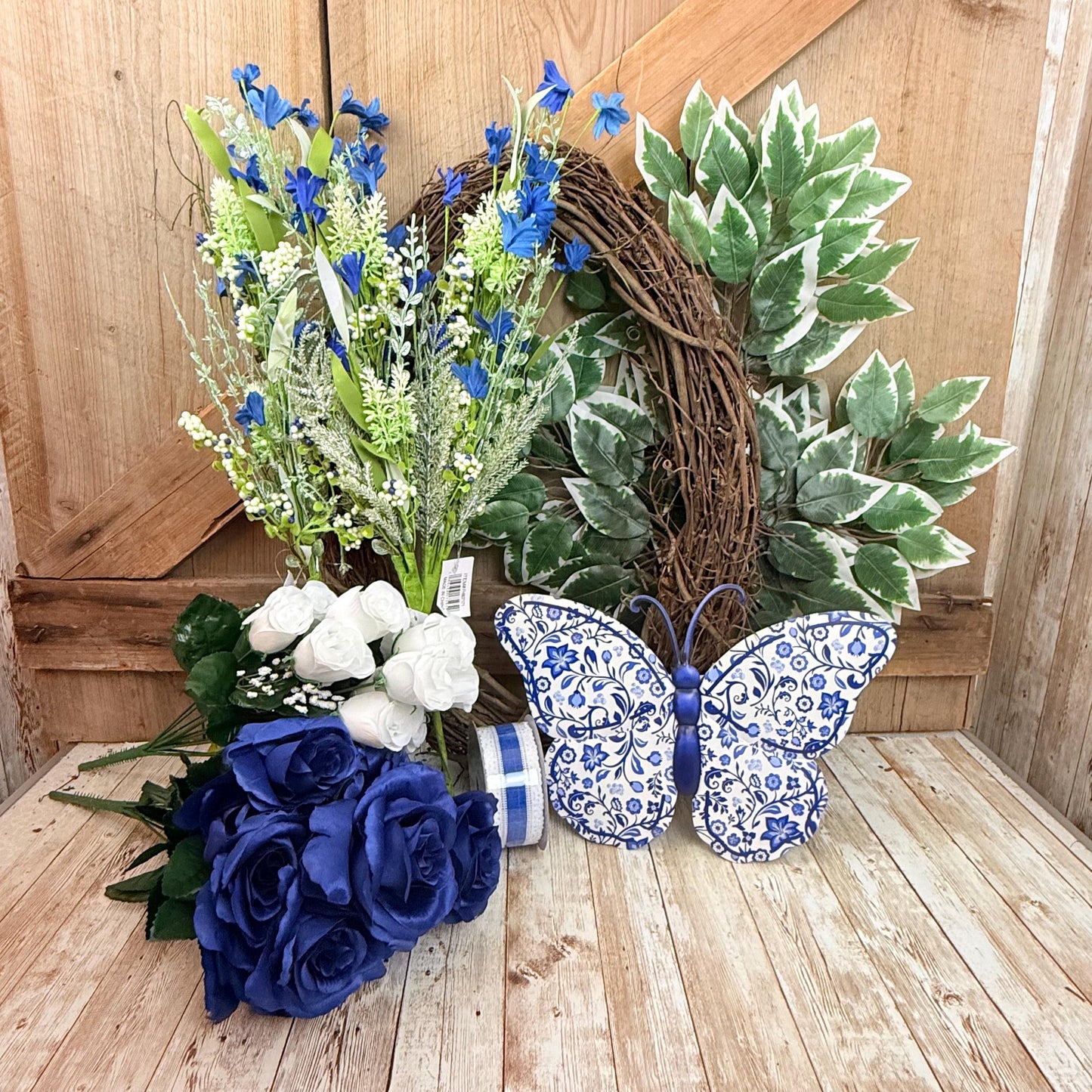 Butterfly Grapevine Kit WITH VIDEO, Blue and White Chinoiserie Butterfly Wreath Kit, Spring DIY Wall Decoration, Grapevine Floral Bundle