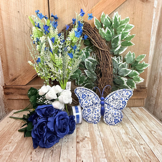 Butterfly Grapevine Kit WITH VIDEO, Blue and White Chinoiserie Butterfly Wreath Kit, Spring DIY Wall Decoration, Grapevine Floral Bundle