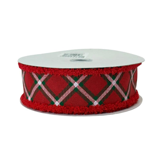 Red Diagonal Dash Check Wired Ribbon, Fourth of July Wreath Supply, Patriotic Ribbon with Red Drift Edge 1.5” by 10 yards, RGA885524