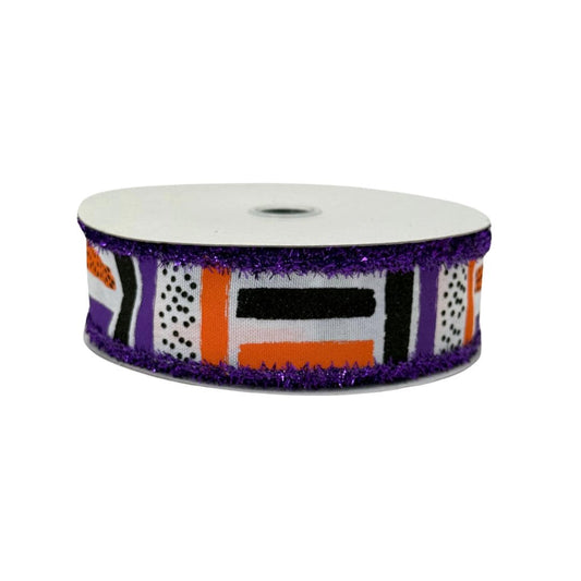 Halloween Brush Stroke Wired Ribbon, Orange Purple Stripe Wreath Supply, White Ribbon with Purple Tinsel Edge 1.5” by 10 yards, RG089265F
