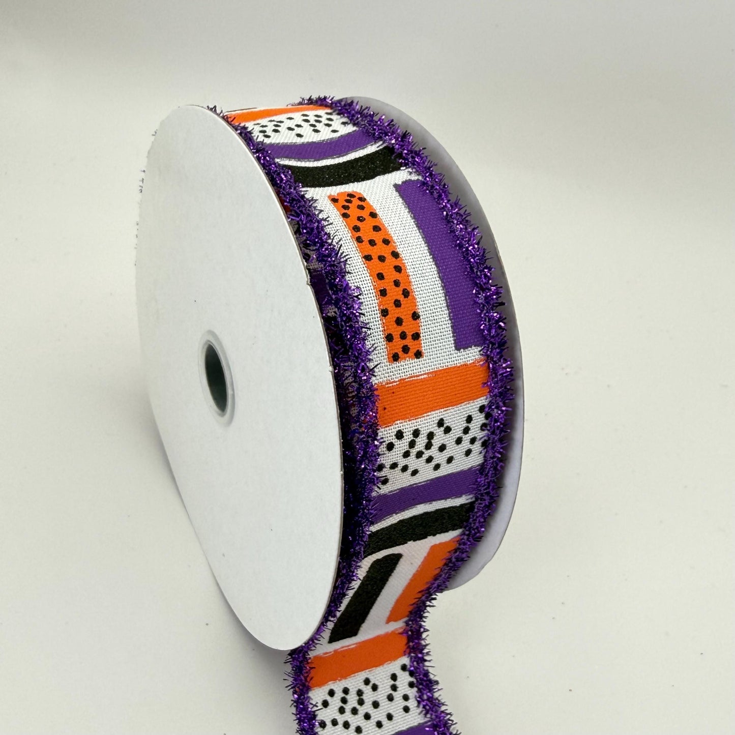 Halloween Brush Stroke Wired Ribbon, Orange Purple Stripe Wreath Supply, White Ribbon with Purple Tinsel Edge 1.5” by 10 yards, RG089265F