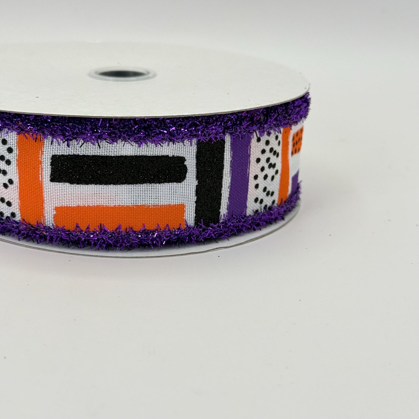 Halloween Brush Stroke Wired Ribbon, Orange Purple Stripe Wreath Supply, White Ribbon with Purple Tinsel Edge 1.5” by 10 yards, RG089265F
