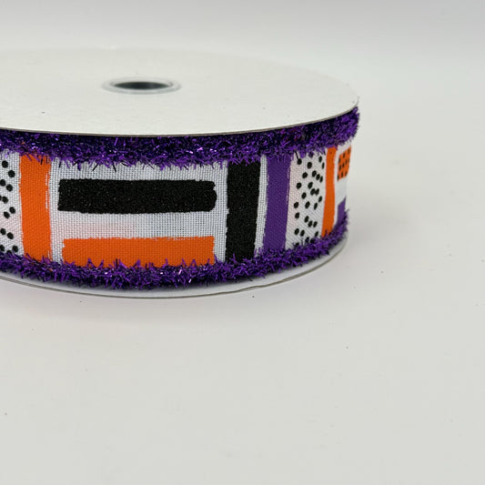 Halloween Brush Stroke Wired Ribbon, Orange Purple Stripe Wreath Supply, White Ribbon with Purple Tinsel Edge 1.5” by 10 yards, RG089265F