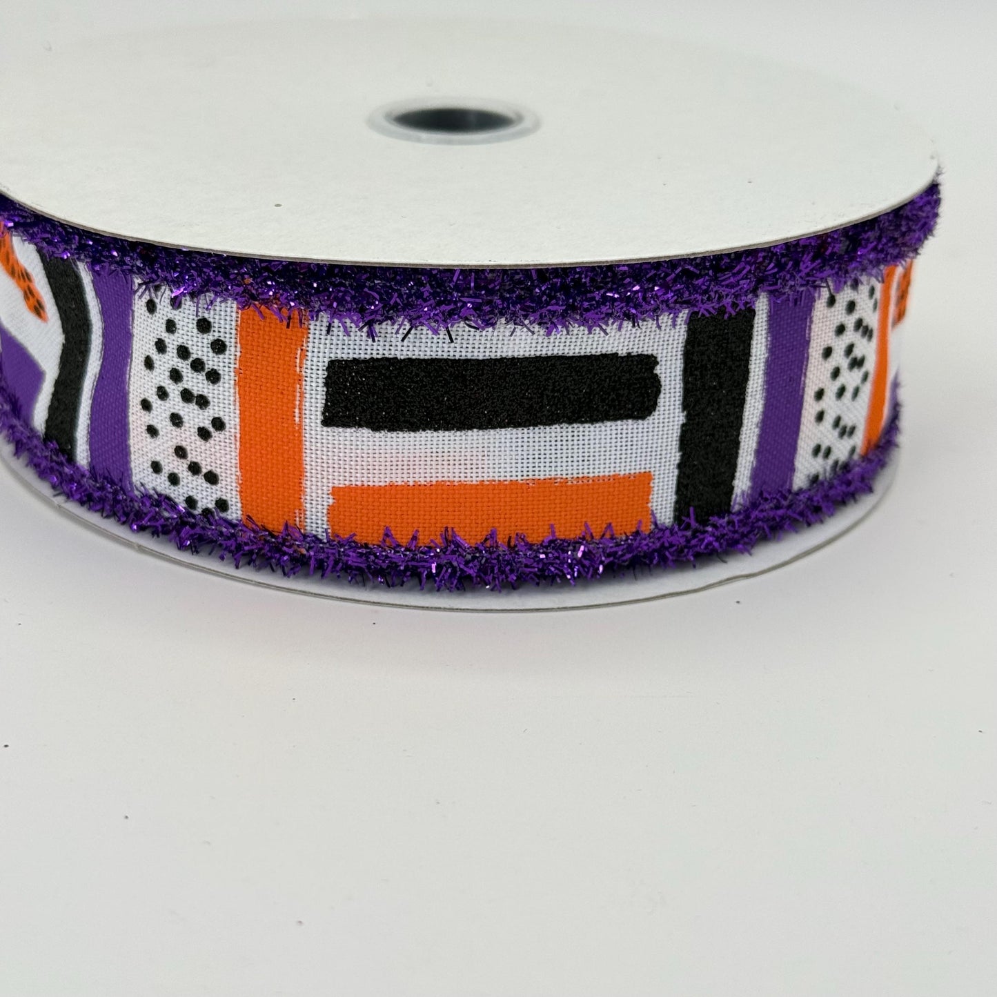 Halloween Brush Stroke Wired Ribbon, Orange Purple Stripe Wreath Supply, White Ribbon with Purple Tinsel Edge 1.5” by 10 yards, RG089265F
