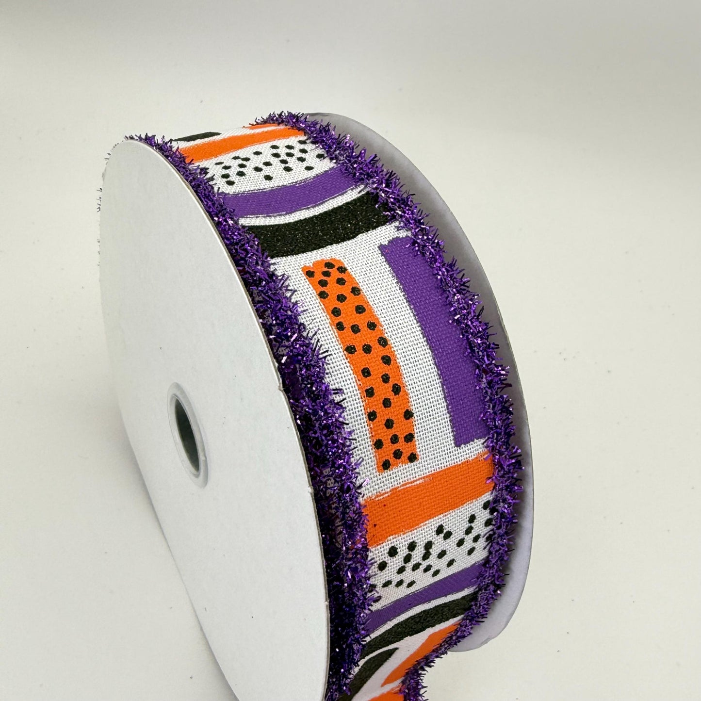 Halloween Brush Stroke Wired Ribbon, Orange Purple Stripe Wreath Supply, White Ribbon with Purple Tinsel Edge 1.5” by 10 yards, RG089265F