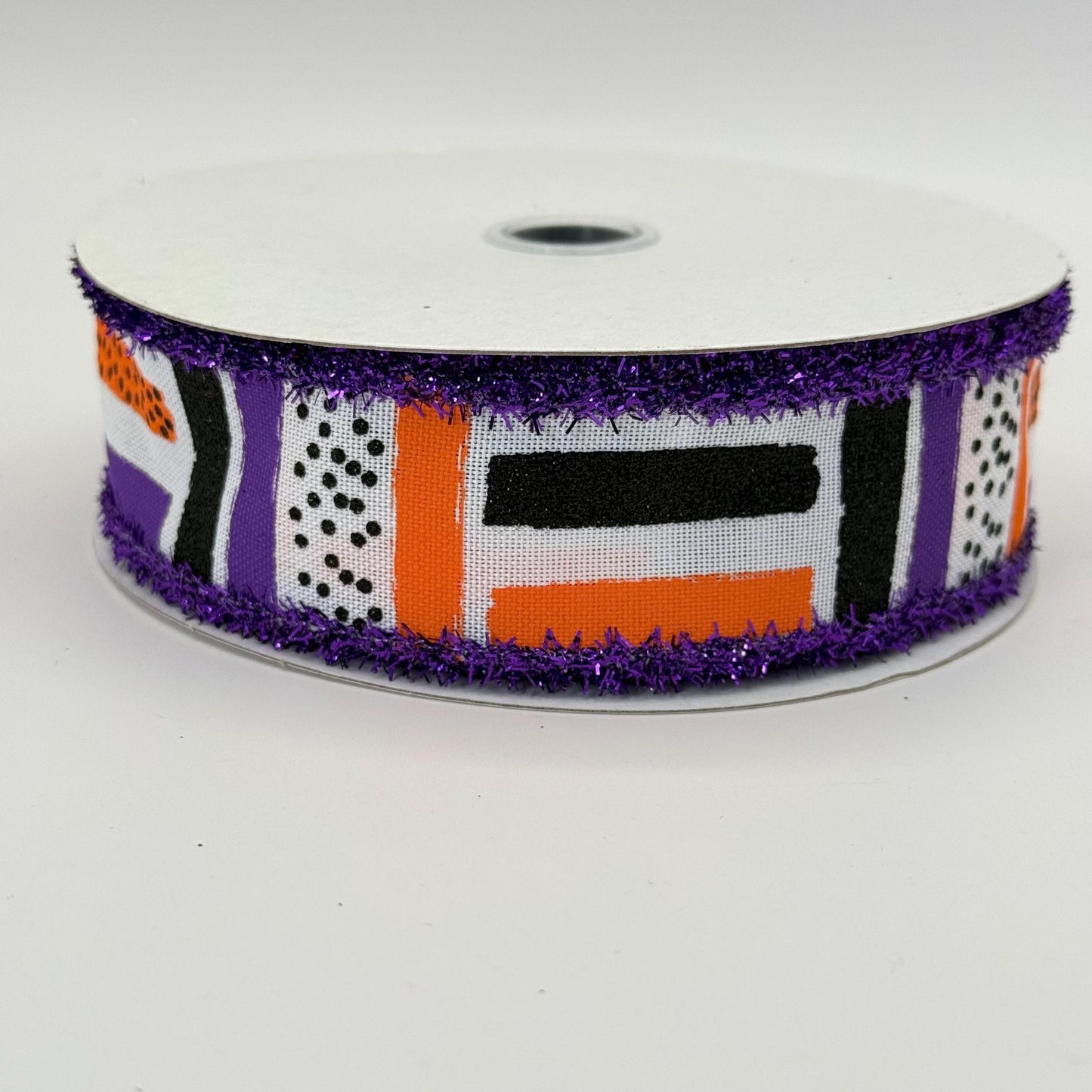 Halloween Brush Stroke Wired Ribbon, Orange Purple Stripe Wreath Supply, White Ribbon with Purple Tinsel Edge 1.5” by 10 yards, RG089265F