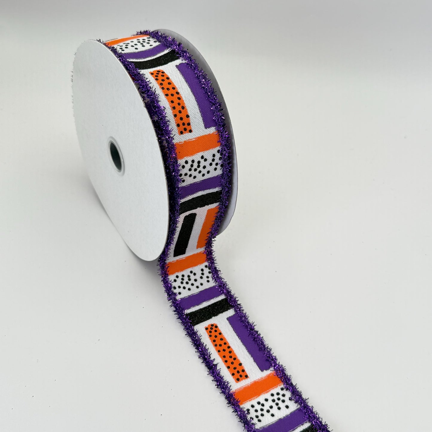 Halloween Brush Stroke Wired Ribbon, Orange Purple Stripe Wreath Supply, White Ribbon with Purple Tinsel Edge 1.5” by 10 yards, RG089265F