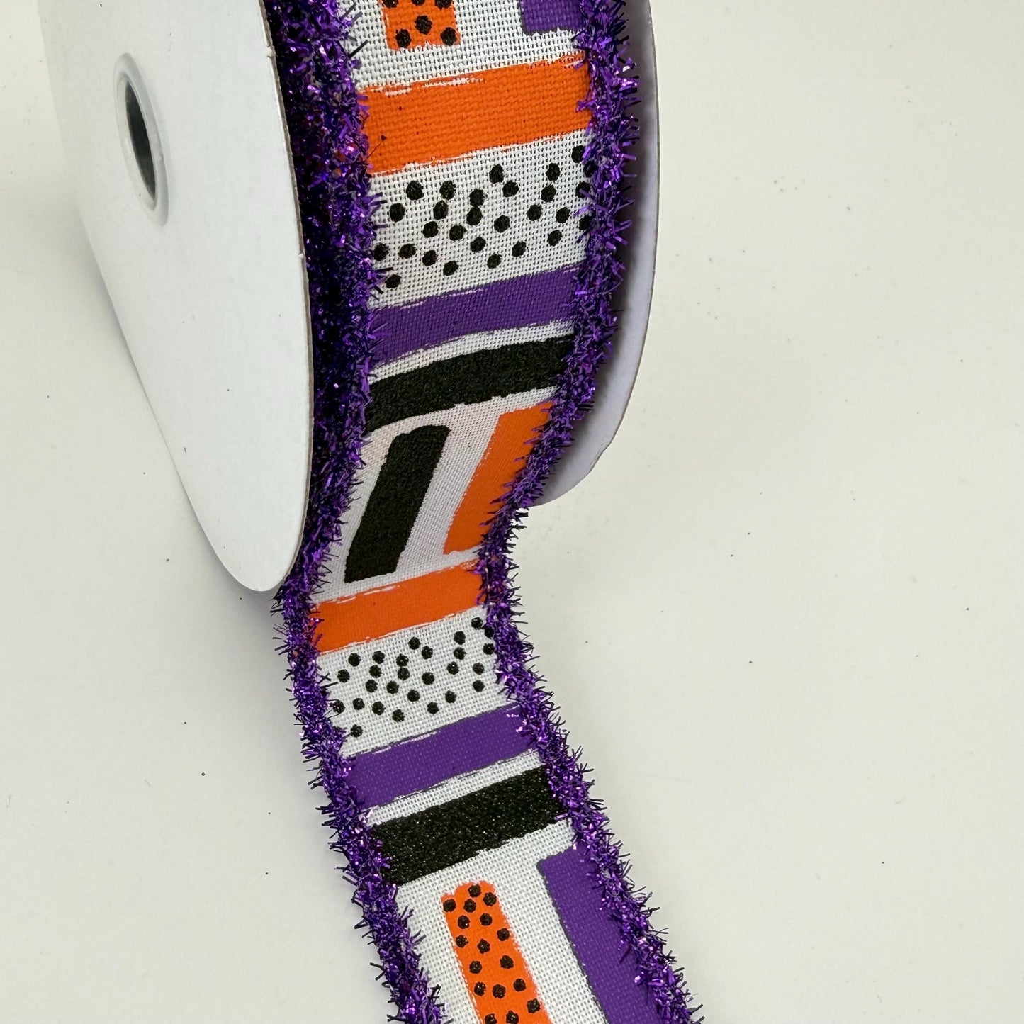 Halloween Brush Stroke Wired Ribbon, Orange Purple Stripe Wreath Supply, White Ribbon with Purple Tinsel Edge 1.5” by 10 yards, RG089265F