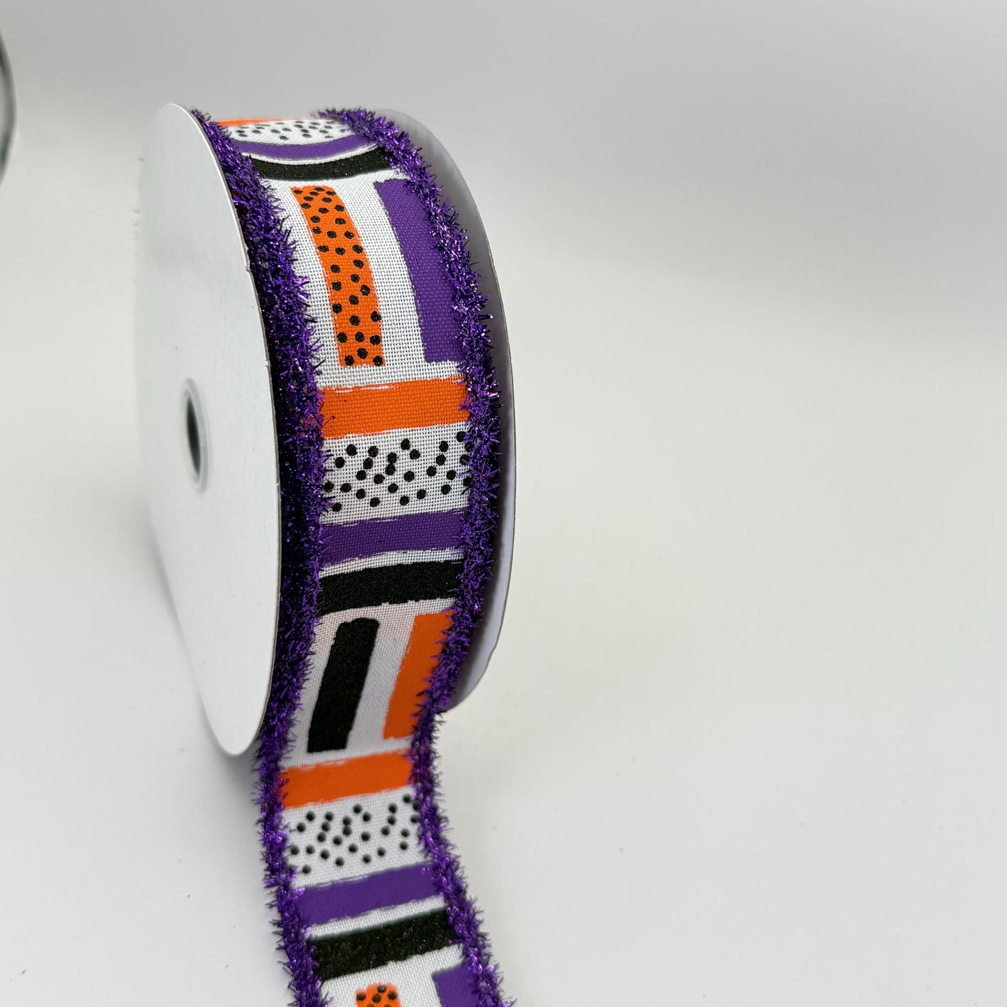 Halloween Brush Stroke Wired Ribbon, Orange Purple Stripe Wreath Supply, White Ribbon with Purple Tinsel Edge 1.5” by 10 yards, RG089265F