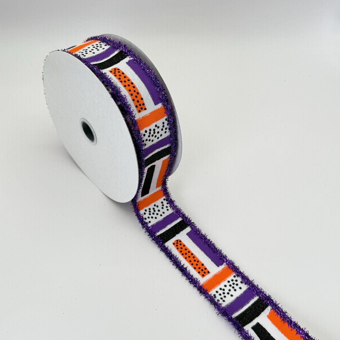 Halloween Brush Stroke Wired Ribbon, Orange Purple Stripe Wreath Supply, White Ribbon with Purple Tinsel Edge 1.5” by 10 yards, RG089265F