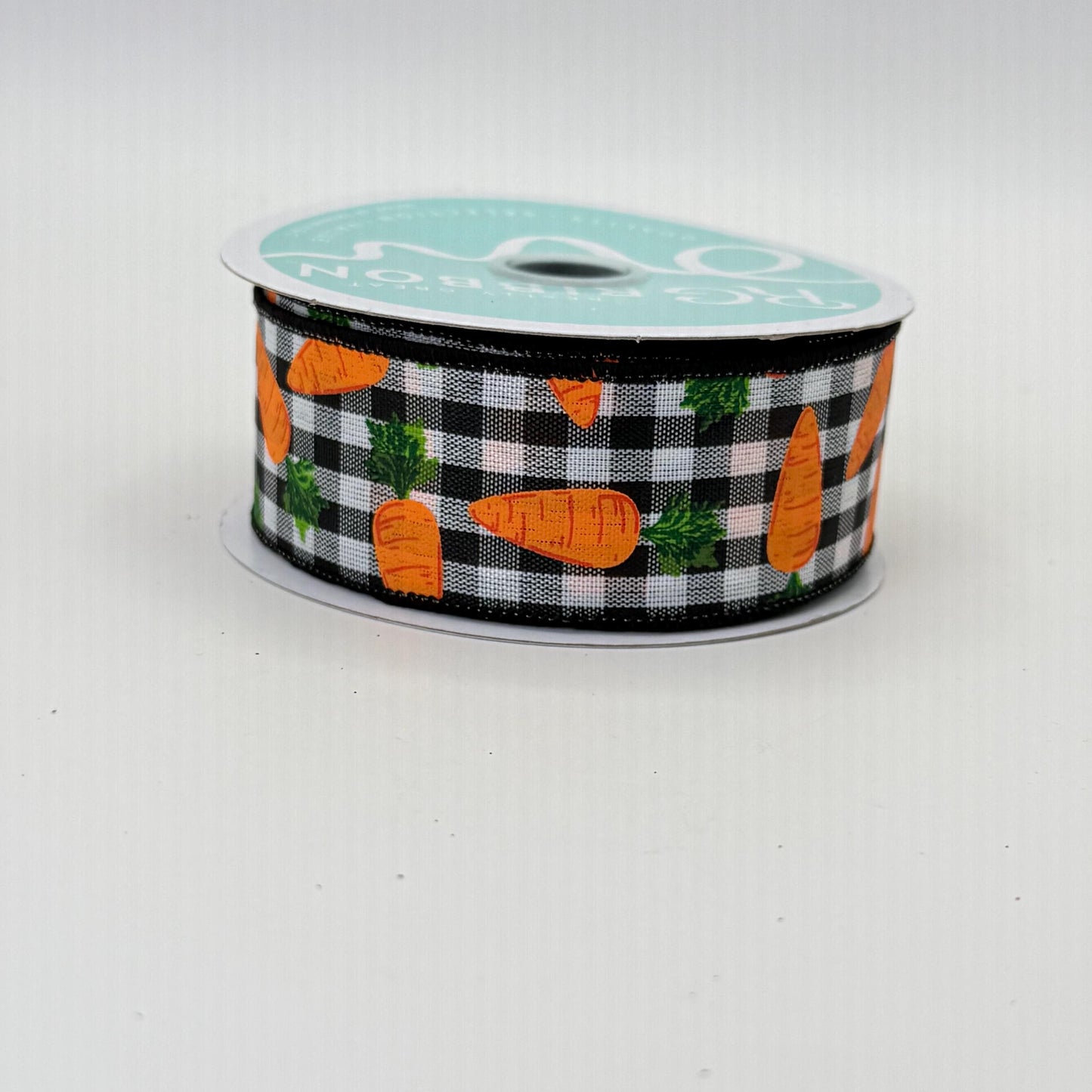 Carrot Wired Ribbon: 1.5" x 10yd, Easter Wreath Supply, Black and White Checkered Easter Ribbon with Orange Carrots, Easter Bow Ribbon