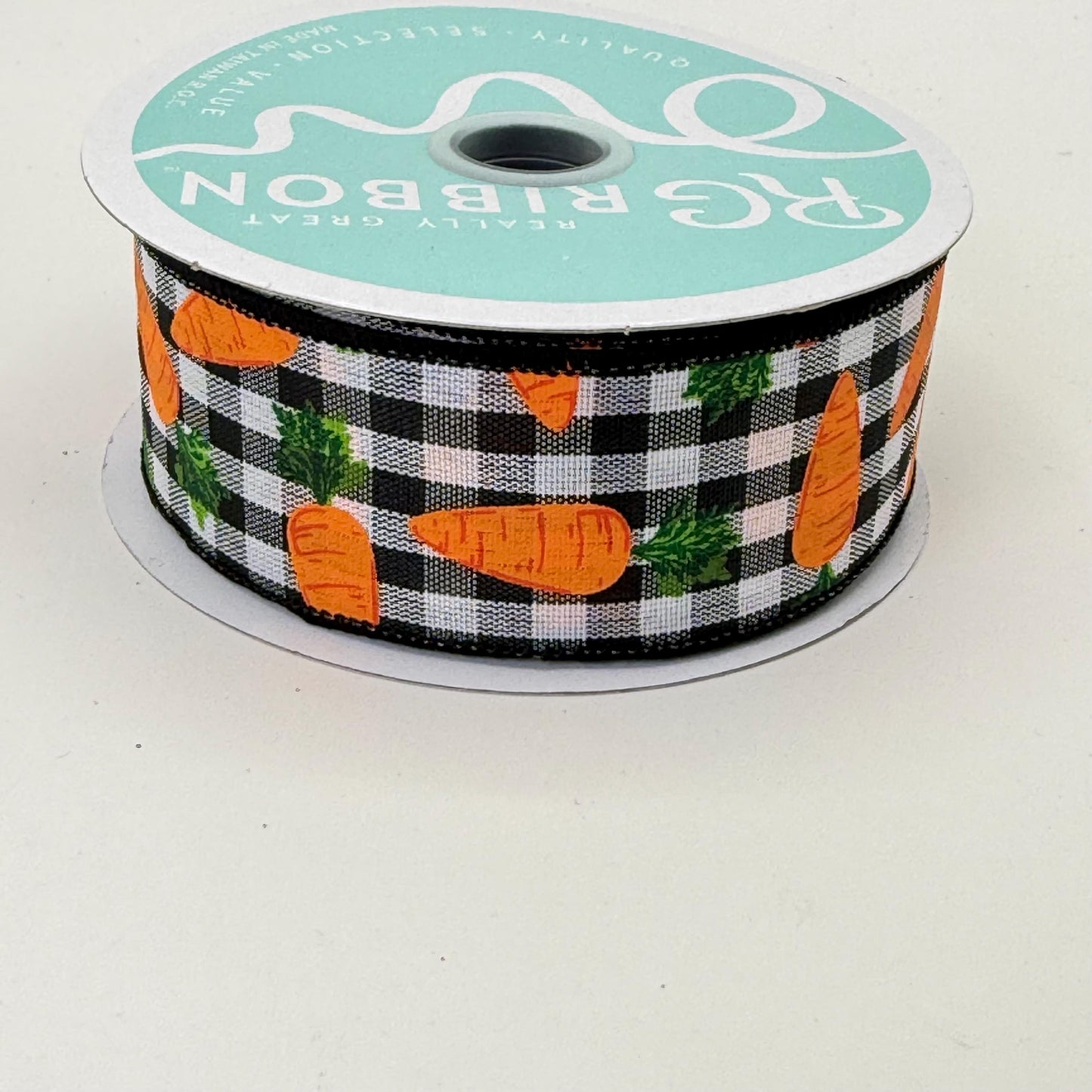 Carrot Wired Ribbon: 1.5" x 10yd, Easter Wreath Supply, Black and White Checkered Easter Ribbon with Orange Carrots, Easter Bow Ribbon