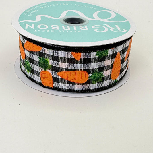 Carrot Wired Ribbon: 1.5" x 10yd, Easter Wreath Supply, Black and White Checkered Easter Ribbon with Orange Carrots, Easter Bow Ribbon
