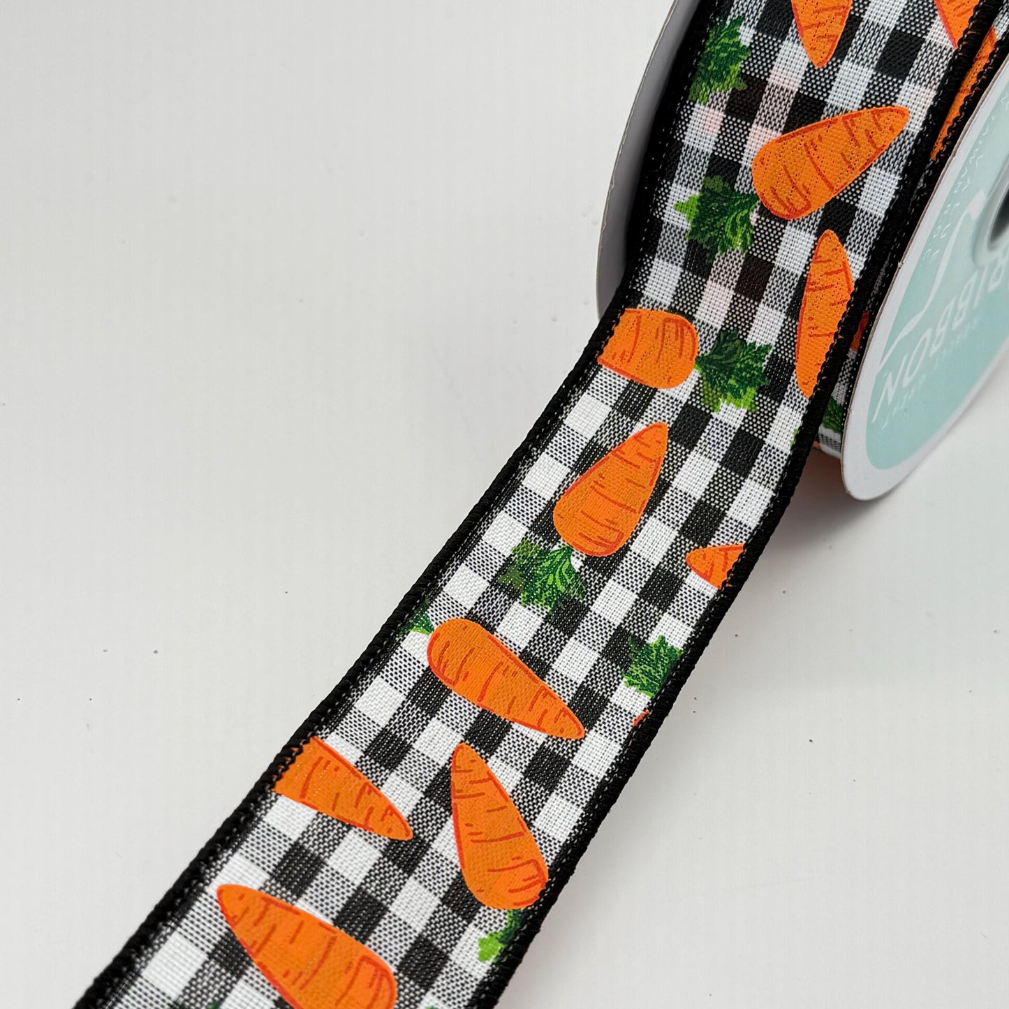 Carrot Wired Ribbon: 1.5" x 10yd, Easter Wreath Supply, Black and White Checkered Easter Ribbon with Orange Carrots, Easter Bow Ribbon